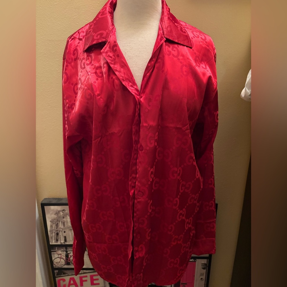 Fashion Vibrant Red Satin Blouse